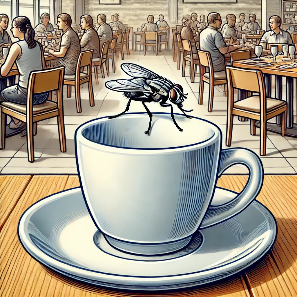 illustration of a house fly in a restaurant